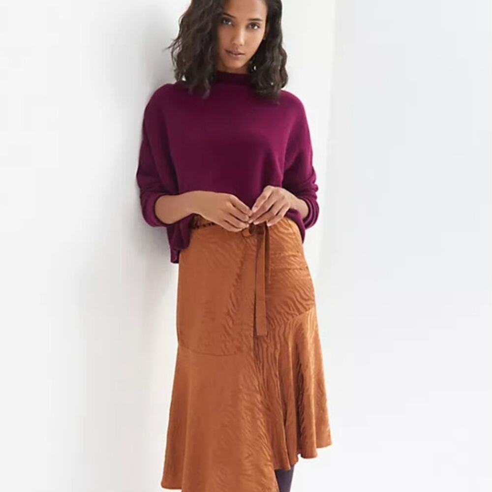 Anthropologie Maeve Midi Skirt Satin Jacquard Copper Tie Waist Crinkle A Line 8 - Picture 2 of 7
